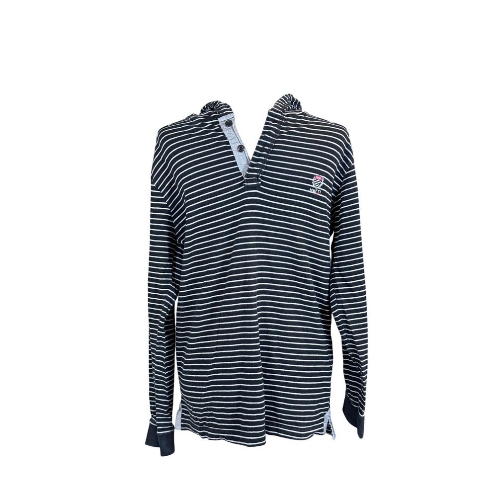 Mufti Jeans Hooded Henley Shirt Black White Striped Long Sleeve Mens Large - Picture 1 of 9